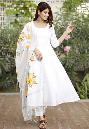 Plain Pure Cotton A Line Suit in White