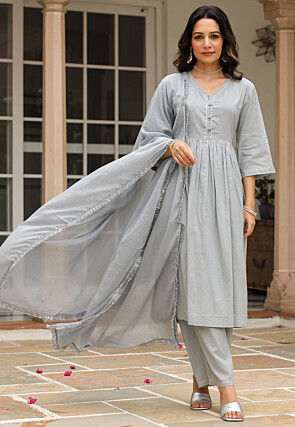 Plain Pure Cotton Anarkali Suit in Grey