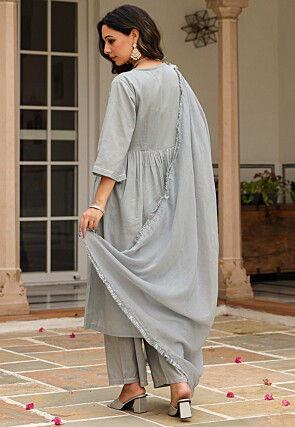 Plain Pure Cotton Anarkali Suit in Grey