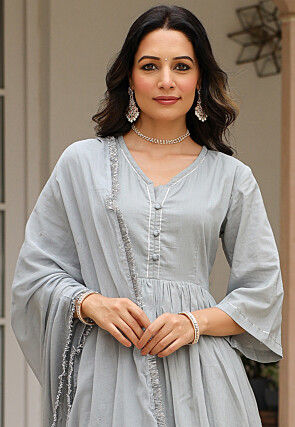 Plain Pure Cotton Anarkali Suit in Grey