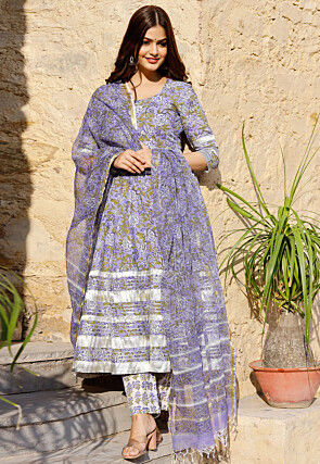 Plain Pure Cotton Anarkali Suit in Purple
