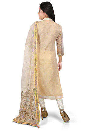 Plain Pure Kota Silk Straight Cut Suit in Beige