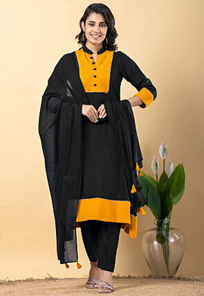 Plain Pure Rayon A Line Suit in Black