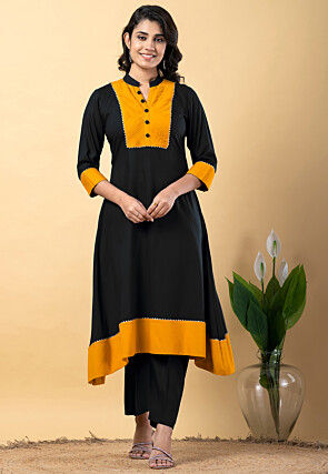 Plain Pure Rayon A Line Suit in Black