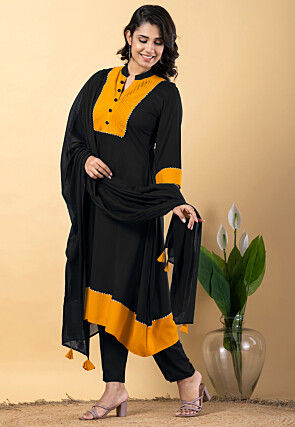 Plain Pure Rayon A Line Suit in Black