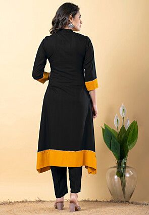 Plain Pure Rayon A Line Suit in Black