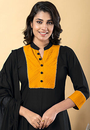 Plain Pure Rayon A Line Suit in Black