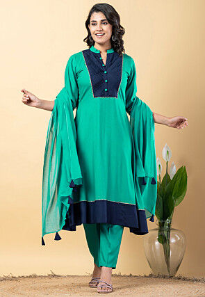 Plain Pure Rayon A Line Suit in Teal Green