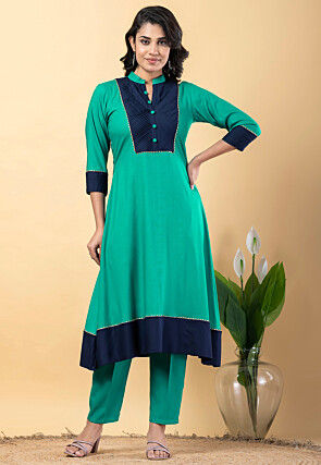 Plain Pure Rayon A Line Suit in Teal Green