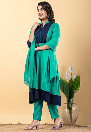 Plain Pure Rayon A Line Suit in Teal Green