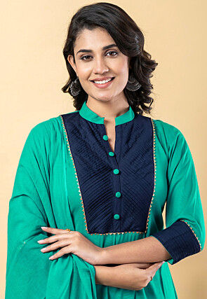 Plain Pure Rayon A Line Suit in Teal Green