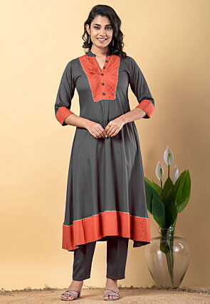 Plain Pure Rayon A Line Suit in Grey