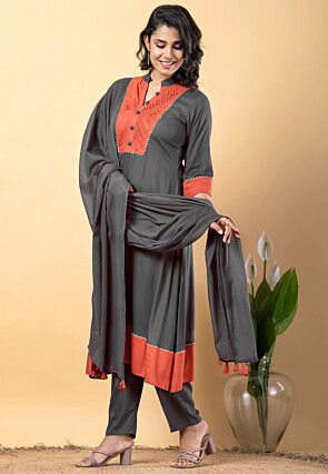 Plain Pure Rayon A Line Suit in Grey