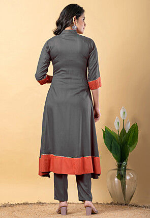 Plain Pure Rayon A Line Suit in Grey