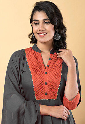 Plain Pure Rayon A Line Suit in Grey