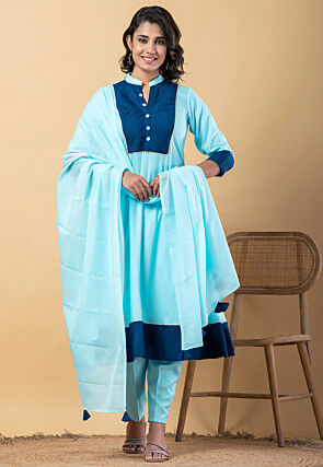 Plain Pure Rayon A Line Suit in Light Blue