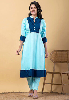 Plain Pure Rayon A Line Suit in Light Blue