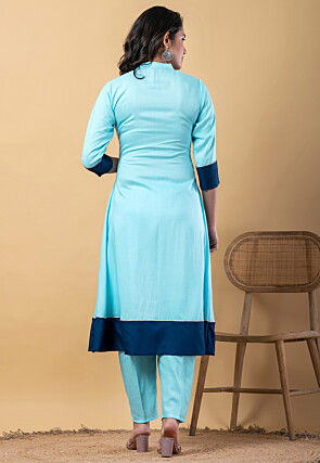 Plain Pure Rayon A Line Suit in Light Blue