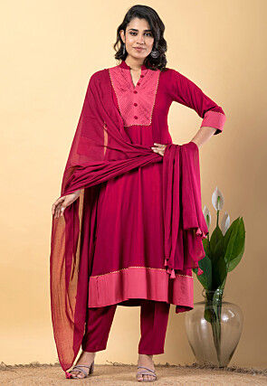 Plain Pure Rayon A Line Suit in Magenta
