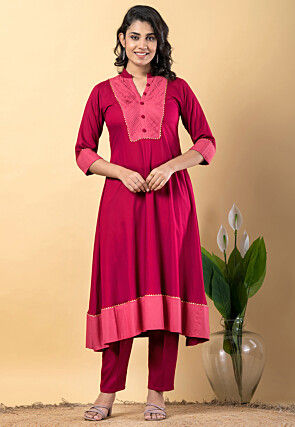 Plain Pure Rayon A Line Suit in Magenta