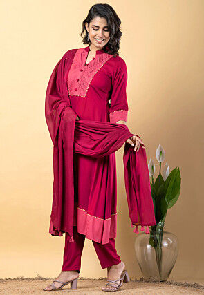Plain Pure Rayon A Line Suit in Magenta