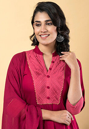 Plain Pure Rayon A Line Suit in Magenta