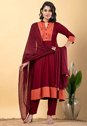 Plain Pure Rayon A Line Suit in Maroon