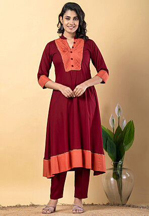 Plain Pure Rayon A Line Suit in Maroon