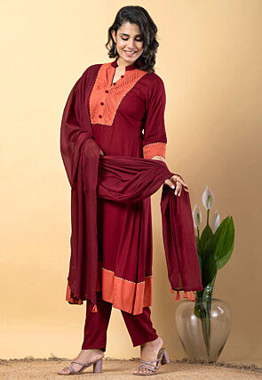 Plain Pure Rayon A Line Suit in Maroon