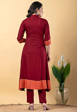 Plain Pure Rayon A Line Suit in Maroon