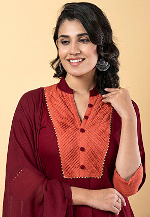 Plain Pure Rayon A Line Suit in Maroon