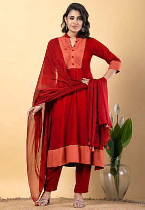 Plain Pure Rayon A Line Suit in Red