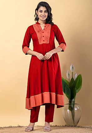 Plain Pure Rayon A Line Suit in Red
