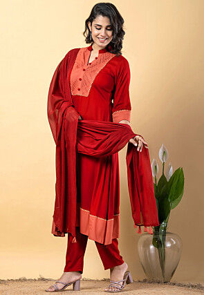 Plain Pure Rayon A Line Suit in Red