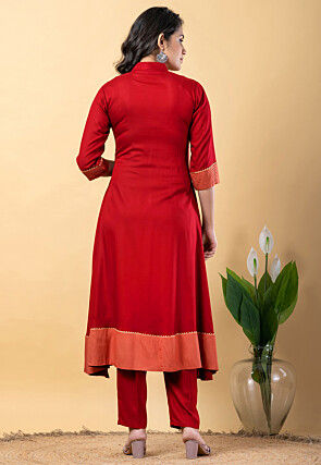 Plain Pure Rayon A Line Suit in Red