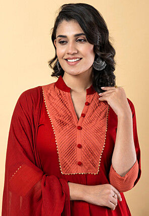 Plain Pure Rayon A Line Suit in Red