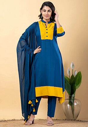 Plain Pure Rayon A Line Suit in Teal Blue