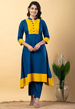 Plain Pure Rayon A Line Suit in Teal Blue