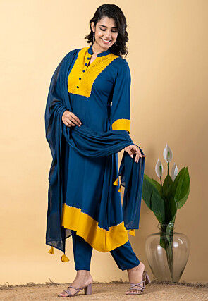 Plain Pure Rayon A Line Suit in Teal Blue