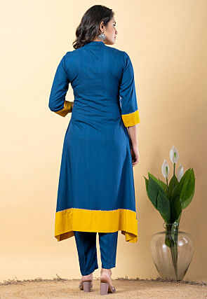 Plain Pure Rayon A Line Suit in Teal Blue