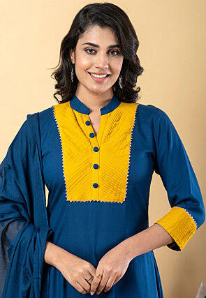 Plain Pure Rayon A Line Suit in Teal Blue