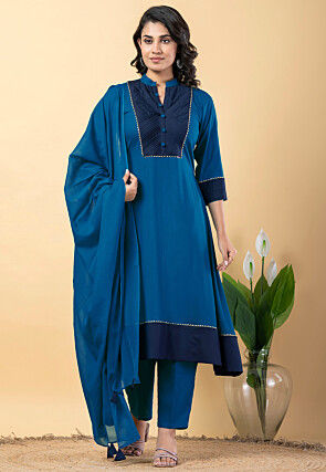 Plain Pure Rayon A Line Suit in Teal Blue