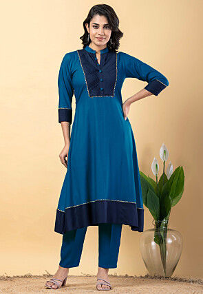 Plain Pure Rayon A Line Suit in Teal Blue