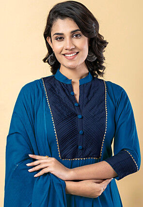 Plain Pure Rayon A Line Suit in Teal Blue