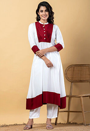 Plain Pure Rayon A Line Suit in White