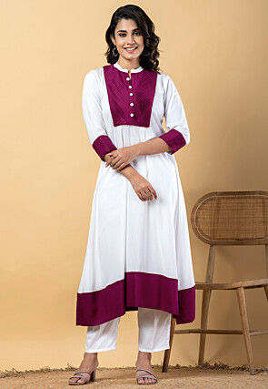 Plain Pure Rayon A Line Suit in White