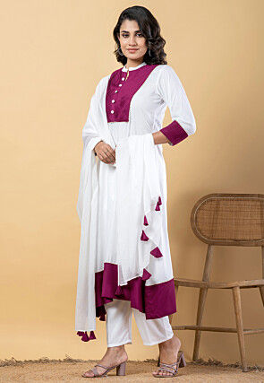 Plain Pure Rayon A Line Suit in White