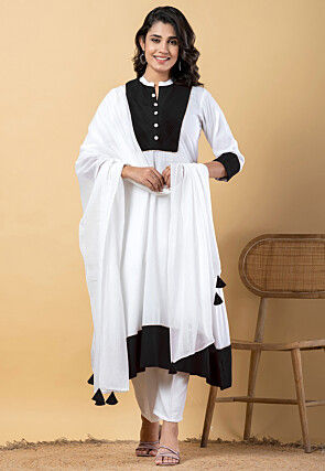 Plain Pure Rayon A Line Suit in White