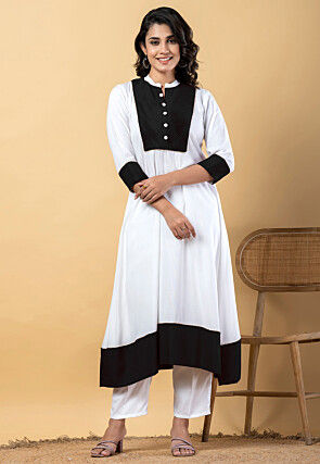 Plain Pure Rayon A Line Suit in White