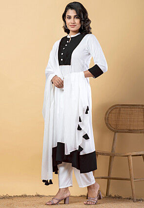 Plain Pure Rayon A Line Suit in White